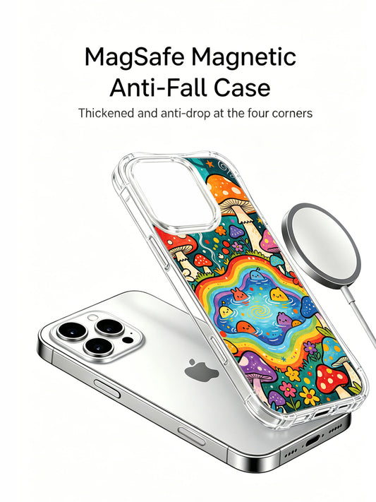 PhoneCasing iPhone 16 pro max Case, premium bespoke illustrated casing with dark teal woodland backdrop, curly psychedelic vines and mixed wildflower framing around vibrant mushroom pond, durable USA anti-drop clear art phone casing