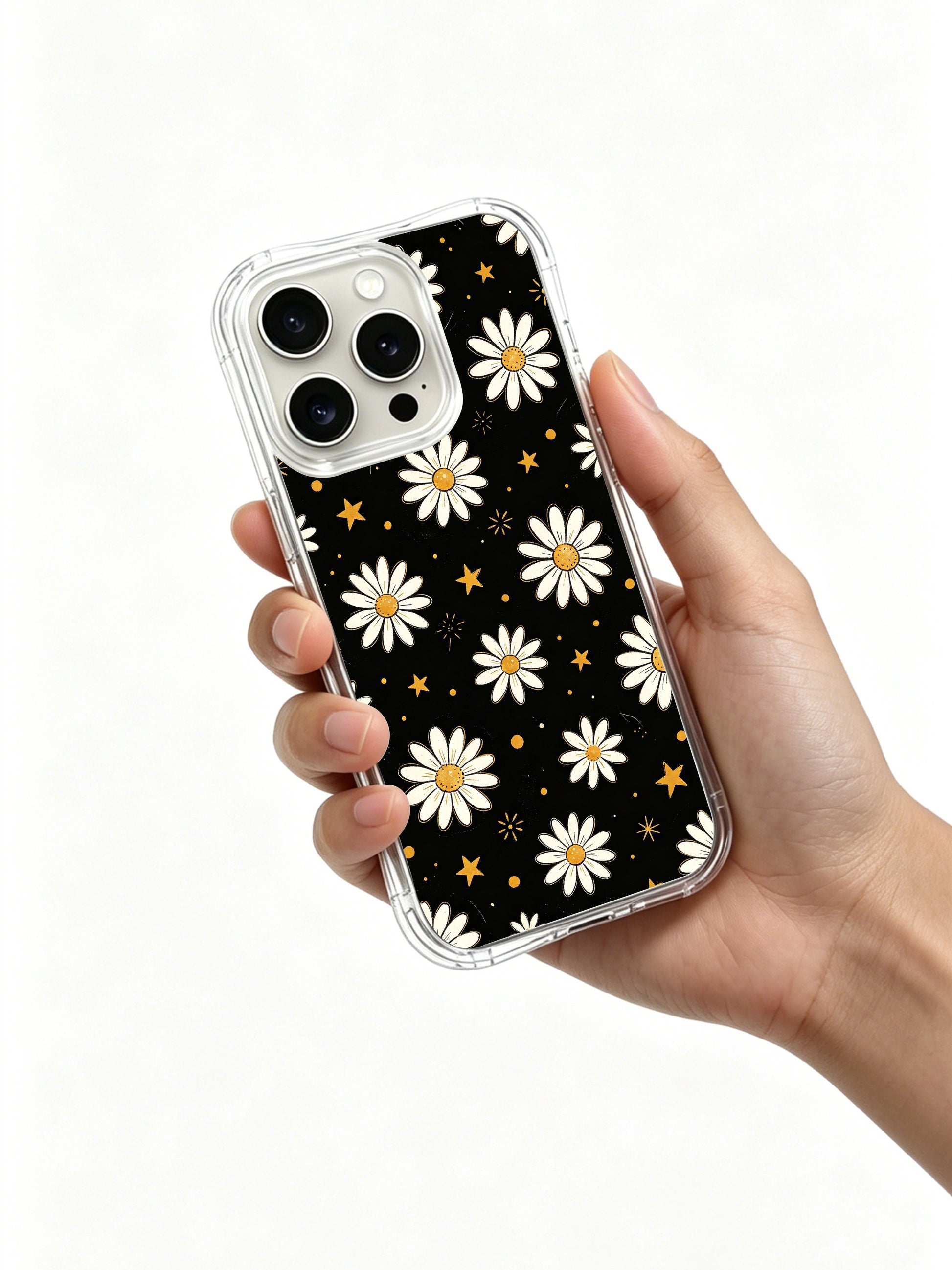 PhoneCasing iPhone 16 Pro Max Case with Dark Whimsy Daisies art, a mix of mysterious black and playful golden star details.