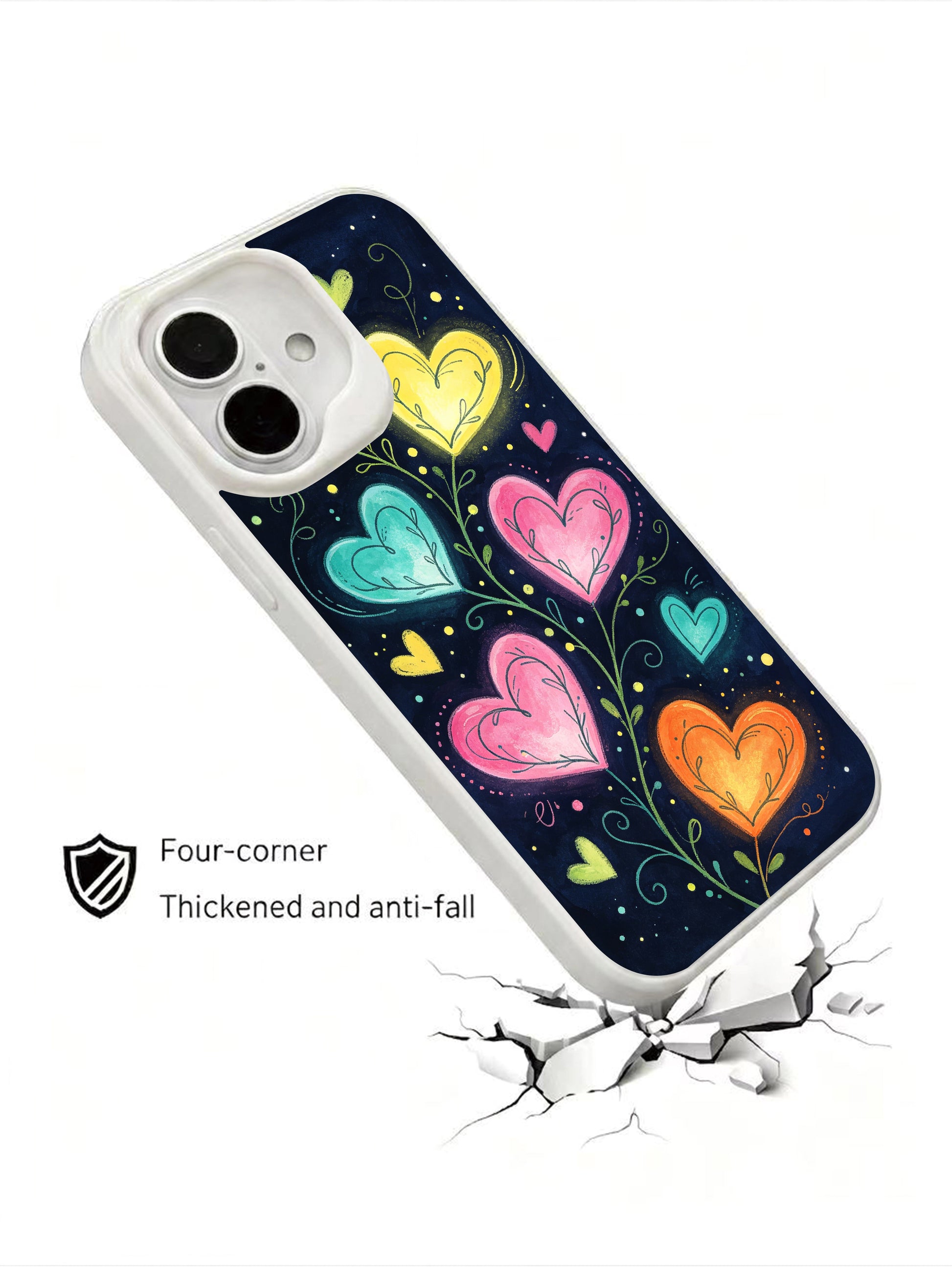 PhoneCasing Dark Whimsy Hearts Case for iPhone 16 Plus, a playful iPhone 16 plus casing with neon hearts and star accents.