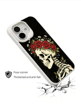 PhoneCasing Darkness Blooms goth iPhone 16 Case, dark academia skeleton illustration with blooming flower crown thriving amid dark background, four-corner anti-drop reinforced casing USA-made