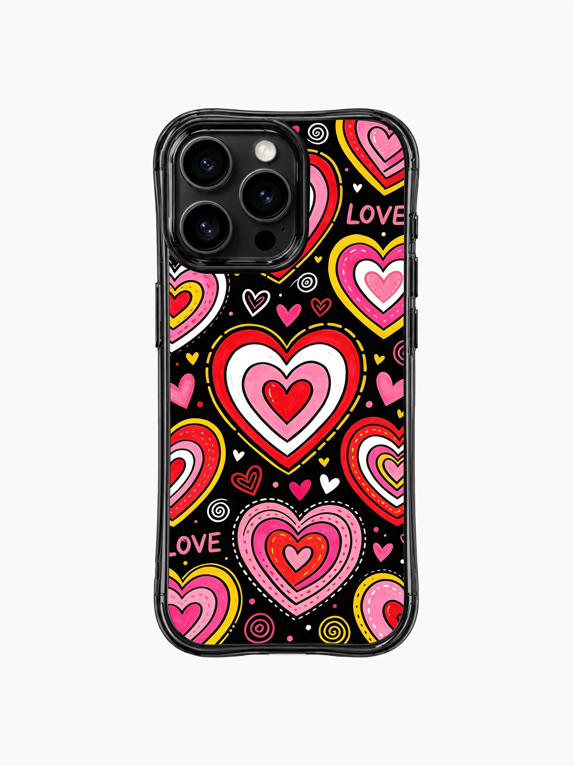 PhoneCasing iPhone 13 Pro Max cover delicate dashed stitch outline details on each heart color ring, varying large & small layered candy hearts, mini heart and swirl confetti accents, sweet candy crush pop art phone case.