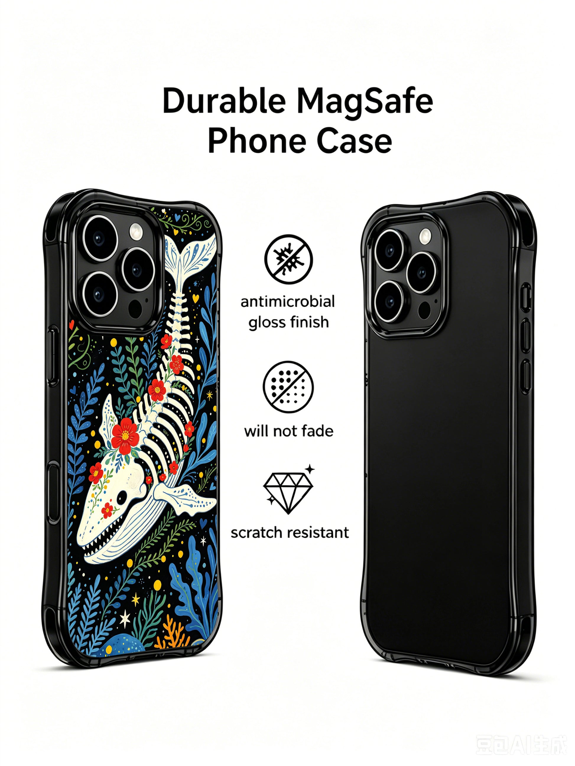 PhoneCasing iPhone 16 pro max slim case showcasing a Day of the Dead whale artwork. Enchanted underwater garden design with coral details.