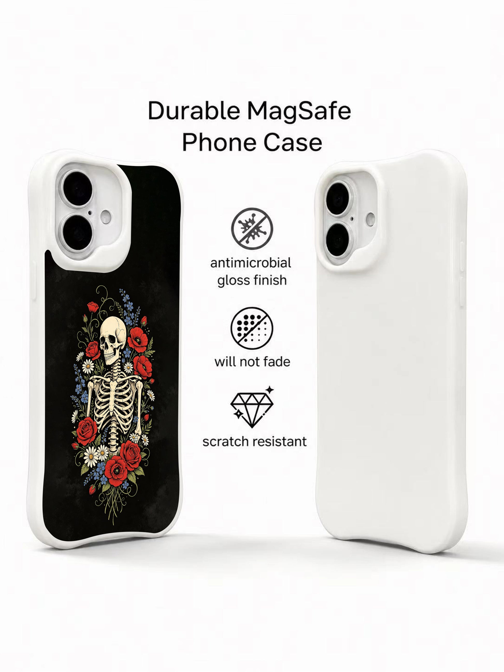 PhoneCasing dark romance death & life balance skeleton iPhone 16 Case, vintage botanical goth floral design with abundant mixed blooms, fade resistant anti-drop protective iPhone 16 cover