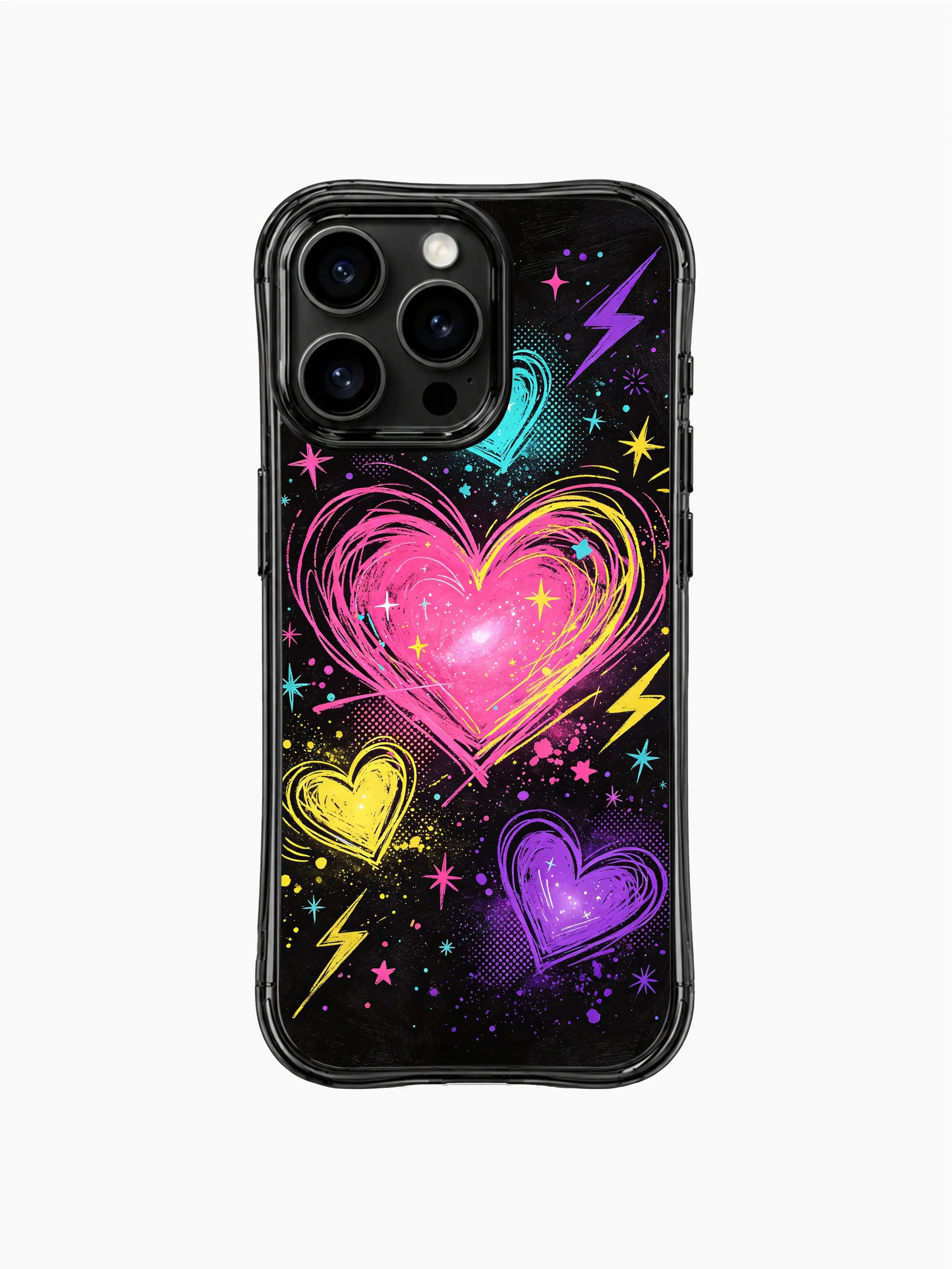 PhoneCasing iPhone 13 Pro Max casing solid textured black cosmic background that makes neon scribble heart hues glow vividly, balanced dreamy romantic everyday statement phone cover.