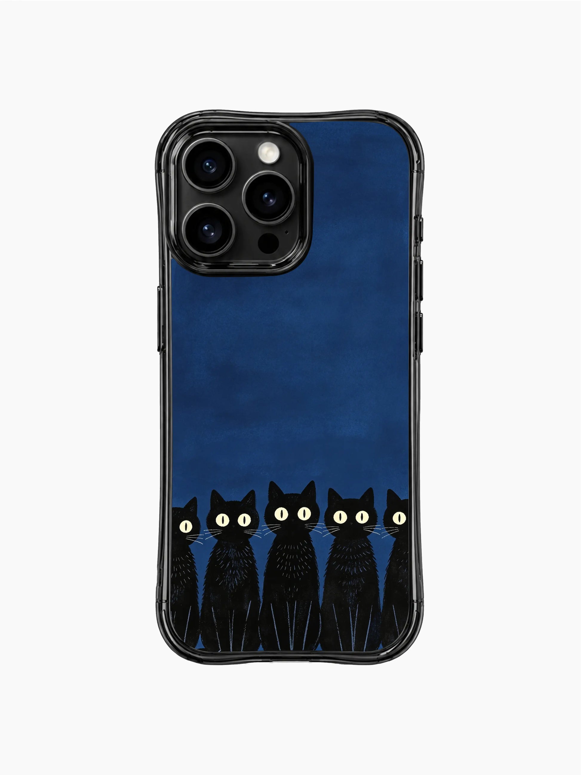 PhoneCasing iPhone 16 pro max scratch-resistant case with deep blue background and black cats, presenting restrained and elegant night aesthetics.