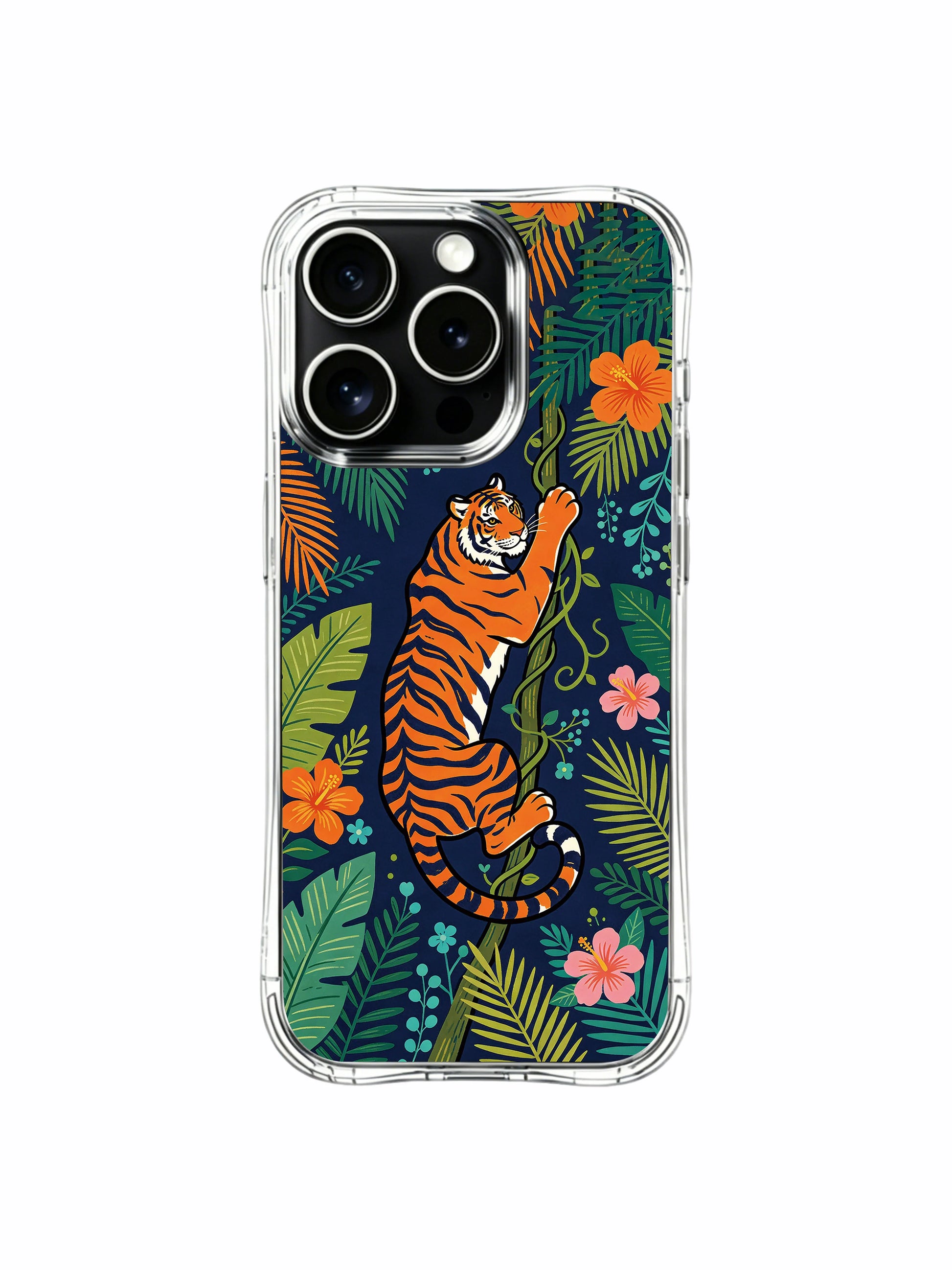 Deep midnight blue jungle wildlife themed iPhone 13 pro Case from PhoneCasing, crystal clear iPhone 13 pro casing with full border floral layout, popular nature-inspired phone cover.