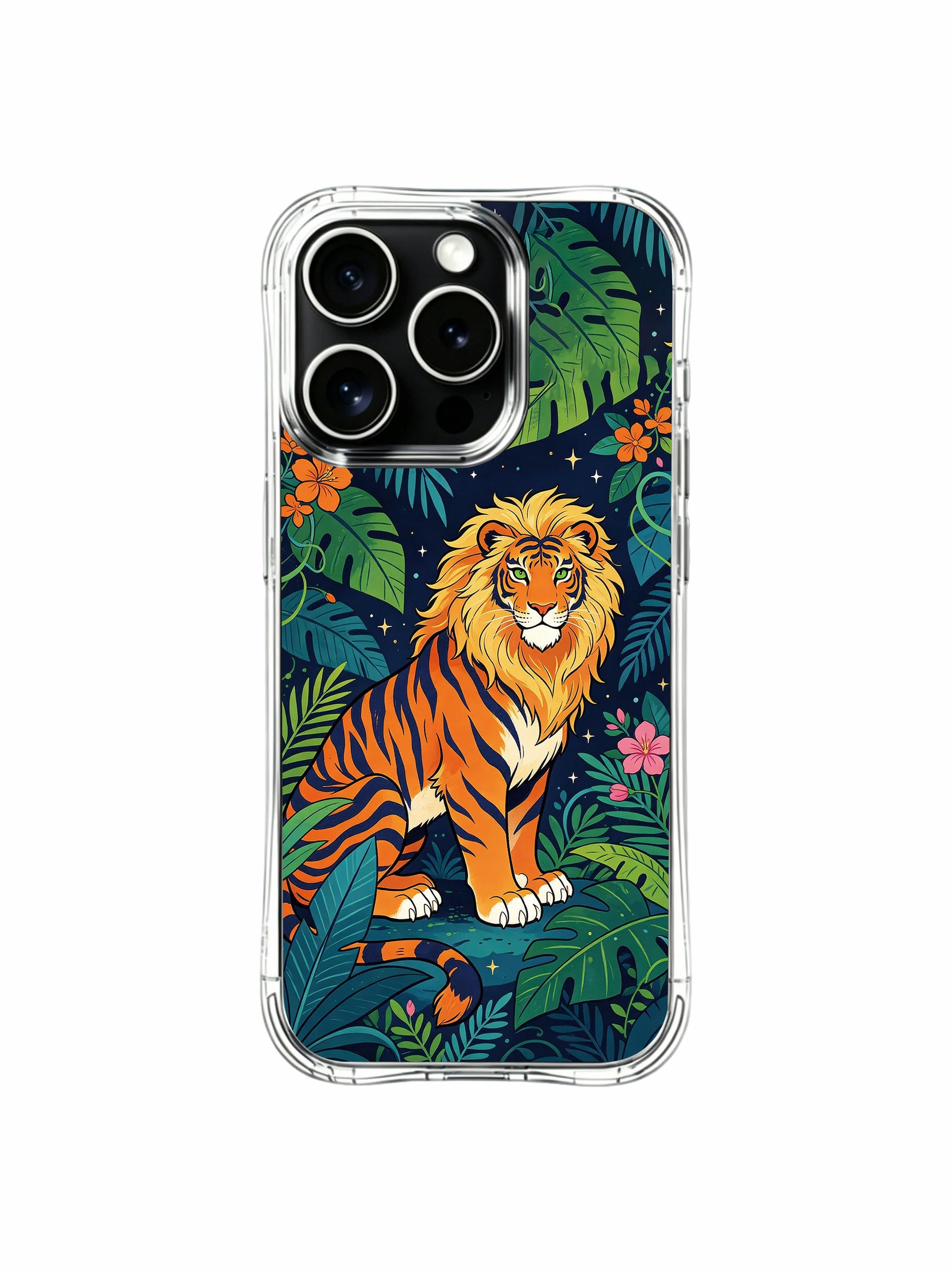 Dark indigo jungle PhoneCasing iPhone 13 pro Case, transparent protective phone casing with original Elias Nocturne print of energetic fiery tiger hidden amid lush layered tropical greenery, stylish everyday iPhone cover.