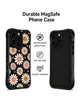 PhoneCasing iPhone 16 pro Case with moody matte black textured grain canvas layered freely blooming vintage cream block-print daisies, Ruby Daze Cream Daisy Love Noise artist-designed wavy casing for soft-hearted feminine style.