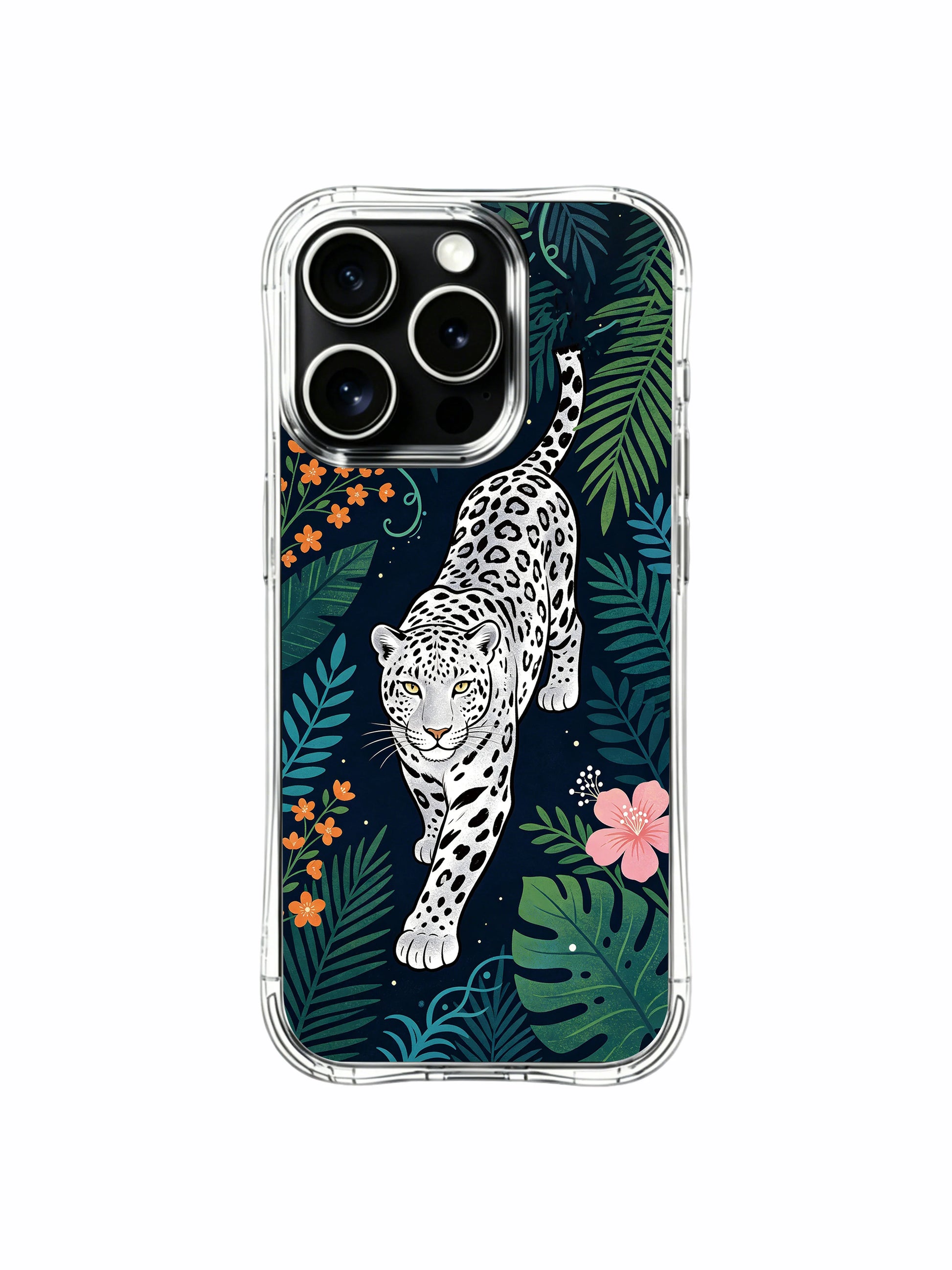 Deep midnight navy nocturnal wild silver leopard themed iPhone 13 pro Case from PhoneCasing, crystal transparent iPhone 13 pro casing with border floral layout, trendy minimalist nature phone cover.
