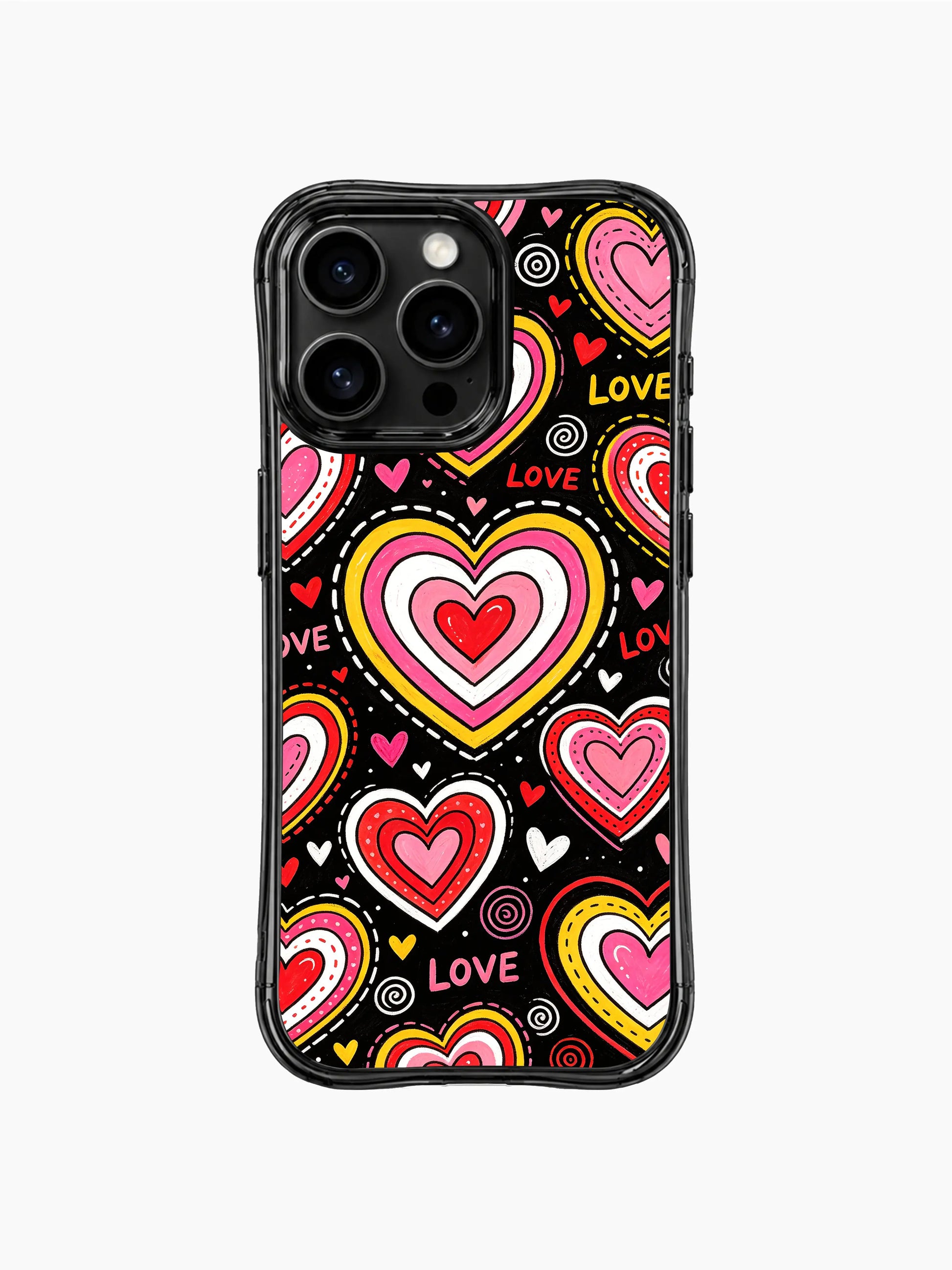 PhoneCasing iPhone 13 Pro Max casing plain matte black background that makes pink red yellow candy heart layers glow vividly, balanced sugary sweet everyday statement phone cover.