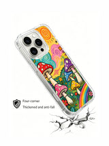 Teal mushroom grove with stars, notes and spiral sun artwork on an iPhone 16 Pro Max case