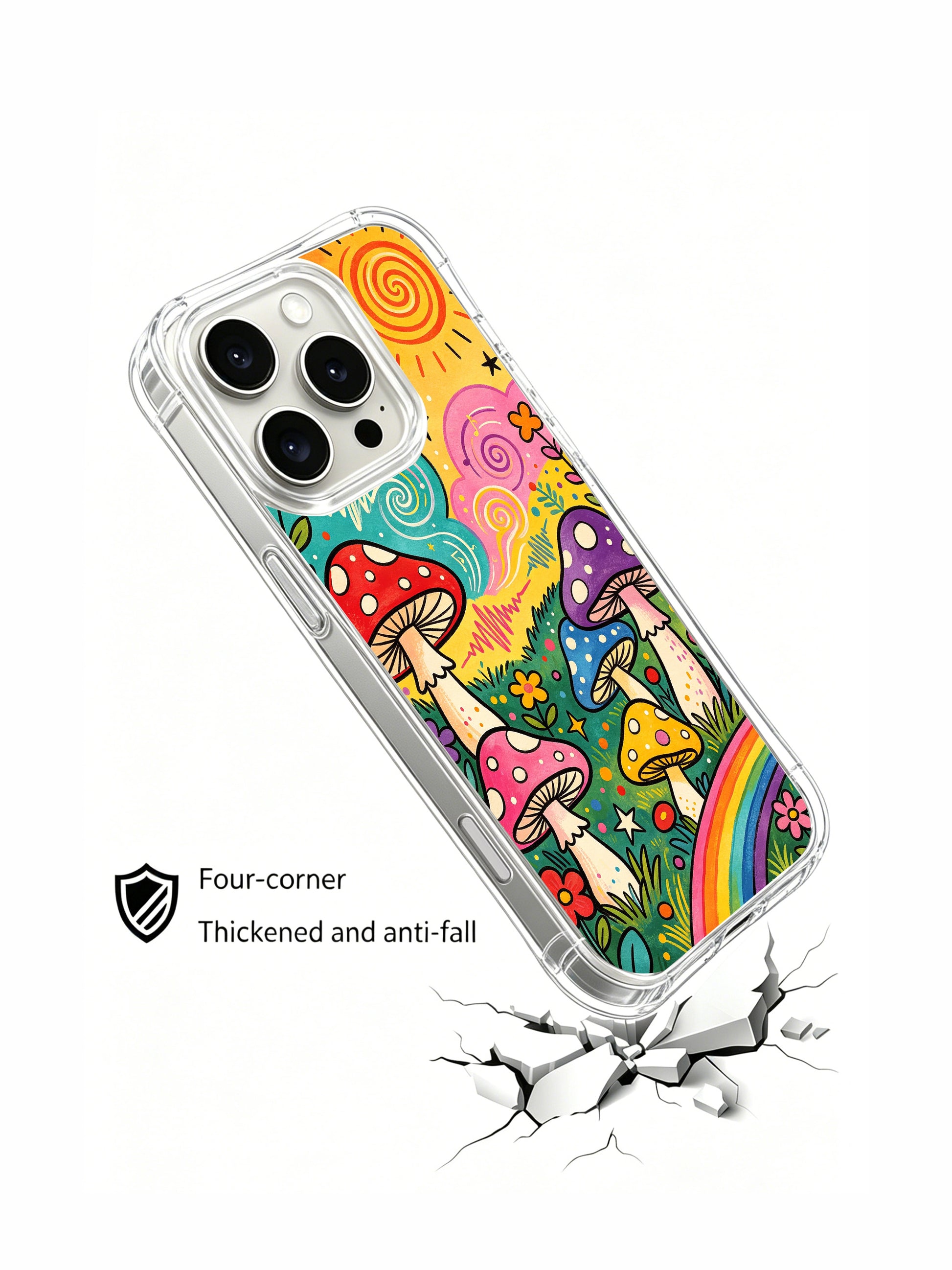 PhoneCasing iPhone 16 pro max Case, four-corner reinforced anti-bump bespoke casing packed with confetti speckles, spiral sun motif, floating music notes among layered colorful fungi, collectible hippie folk art phone casing.