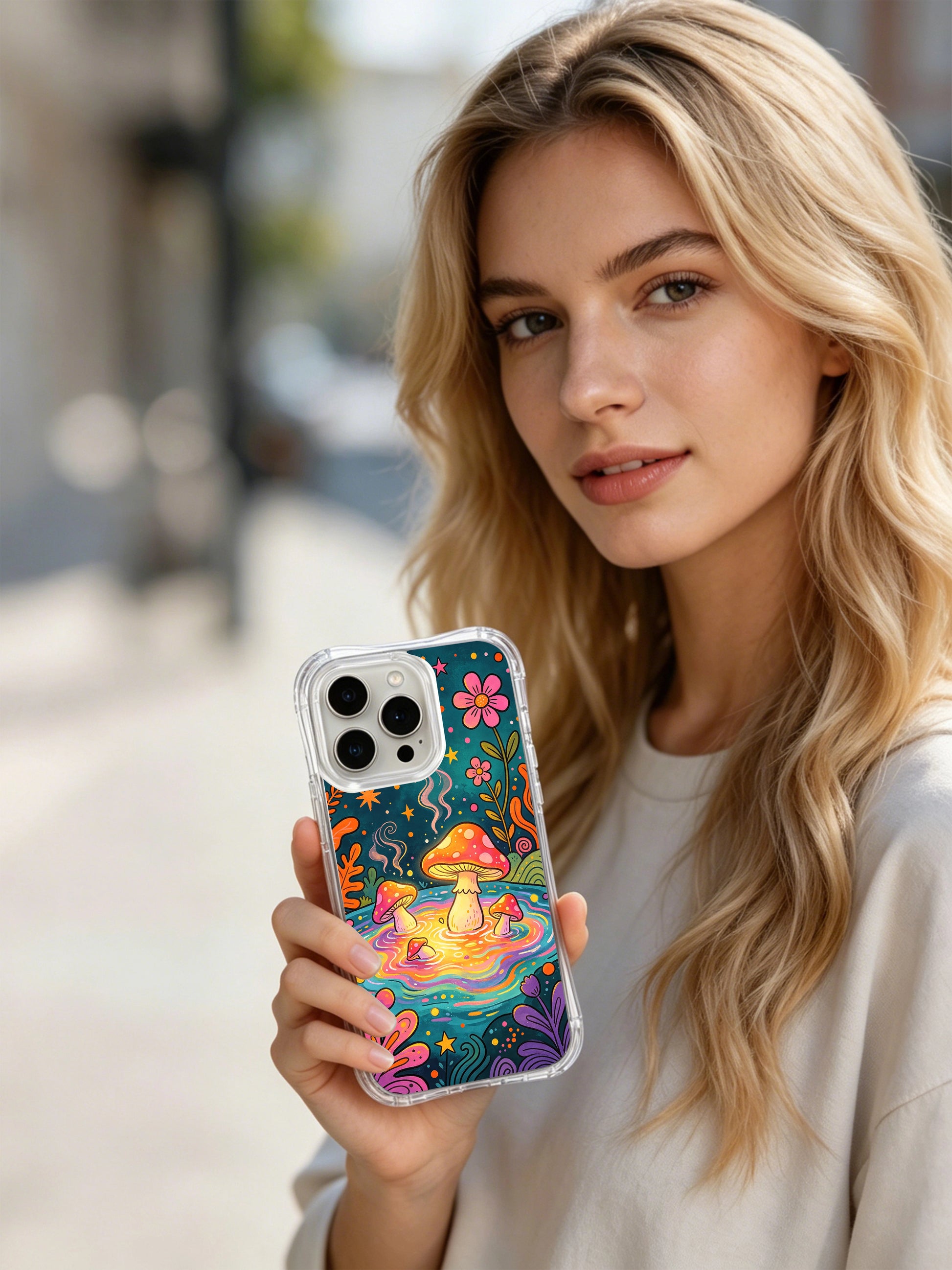PhoneCasing iPhone 16 pro max Case, collectible fine art casing with deep teal star-speckled night sky, pastel curling mist floating above enchanted hot spring, whole scene filled with glowing bathing mushrooms, long-wearing glossy US-made iPhone 16 pro max casing.