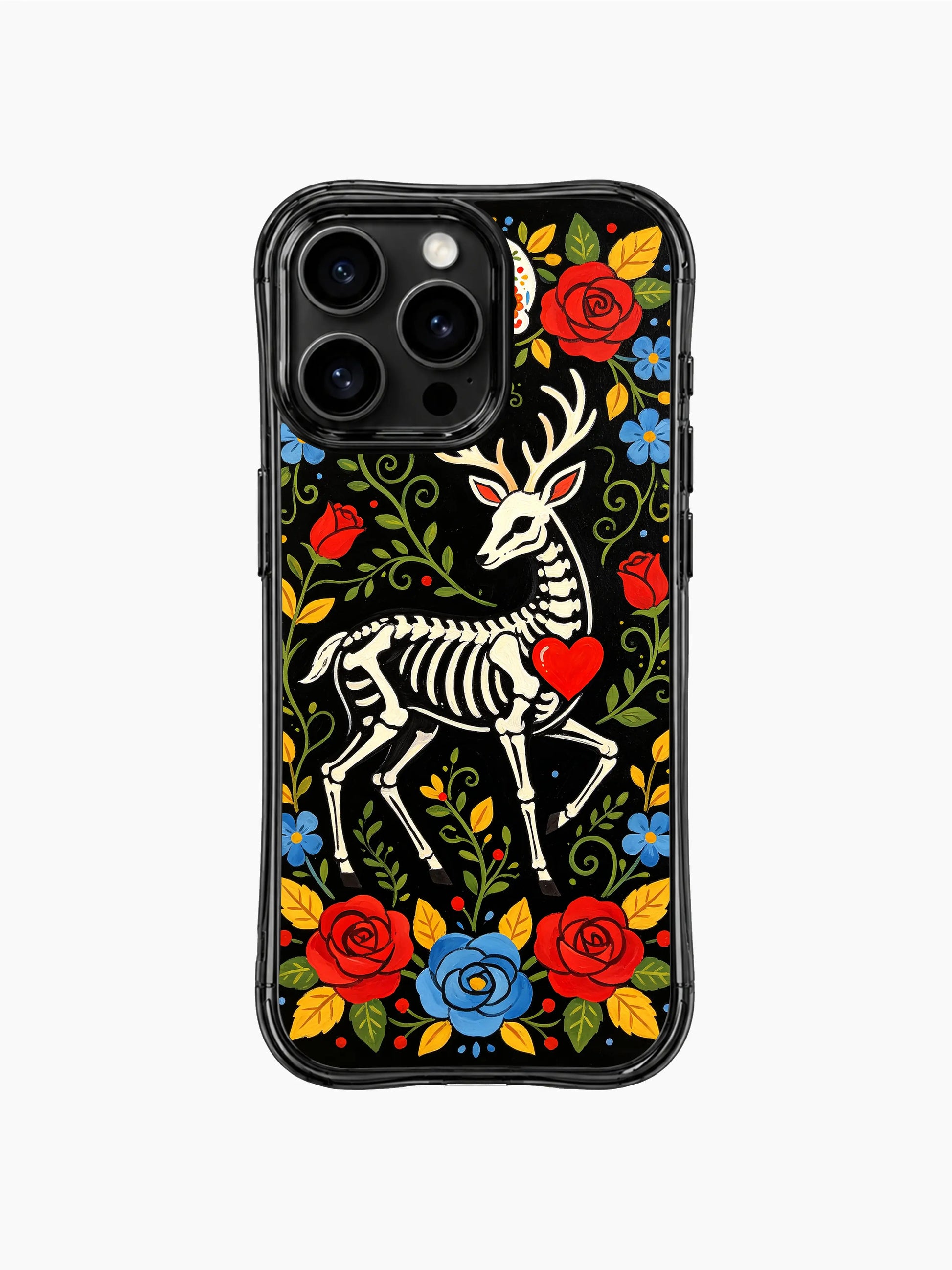 PhoneCasing iPhone 16 pro max Case with a skeleton deer surrounded by traditional folk art flowers and leaves in red, yellow and blue, representing the beauty of life and death, Day of the Dead inspired print on black iPhone 16 pro max casing.