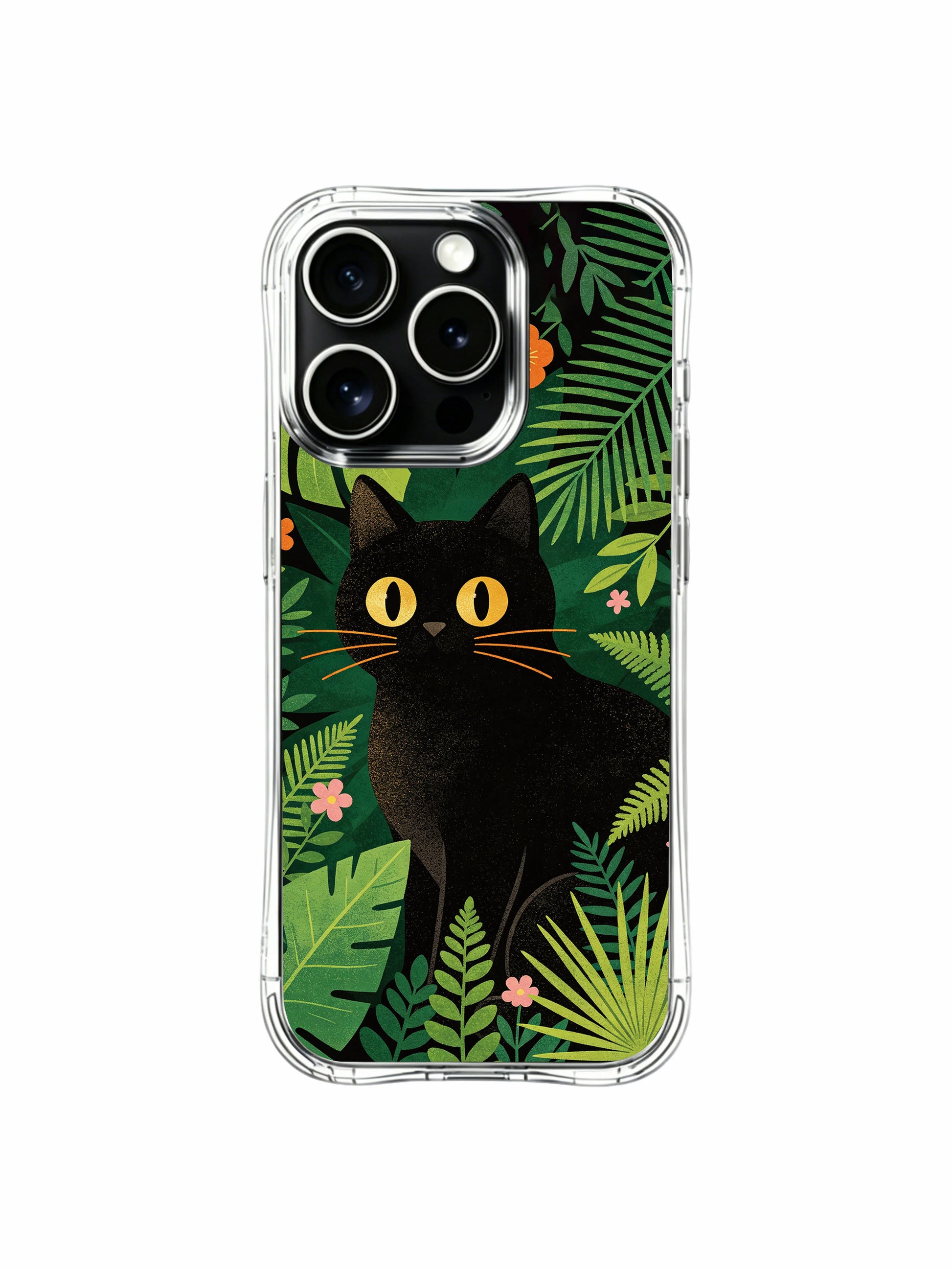 Detailed leaf vein art PhoneCasing iPhone 13 pro Case, slim transparent phone casing with close-up golden-eye wildcat portrait tucked between intricately detailed tropical foliage, refined decorative phone cover.