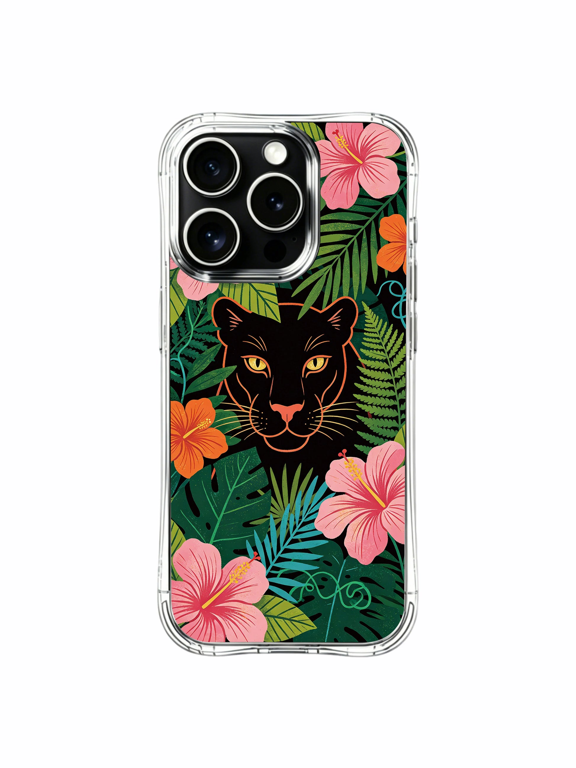 Thick layered foliage border enclosing stealth black panther iPhone 13 pro Case from PhoneCasing, lightweight protective iPhone 13 pro casing filled with scattered tropical flowers, vivid multicolor jungle phone cover.