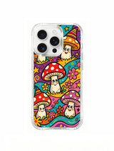 PhoneCasing iPhone 16 pro max Case, limited Luna Moss artist collab clear art casing packed with cheerful spotted clown mushrooms in vibrant teal woodland backdrop, playful cartoon faces and colorful party hats, vintage 70s psychedelic folk artwork manufactured in California.