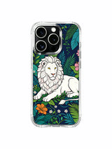 White lion enclosed by a dense floral border artwork on an iPhone 13 Pro case
