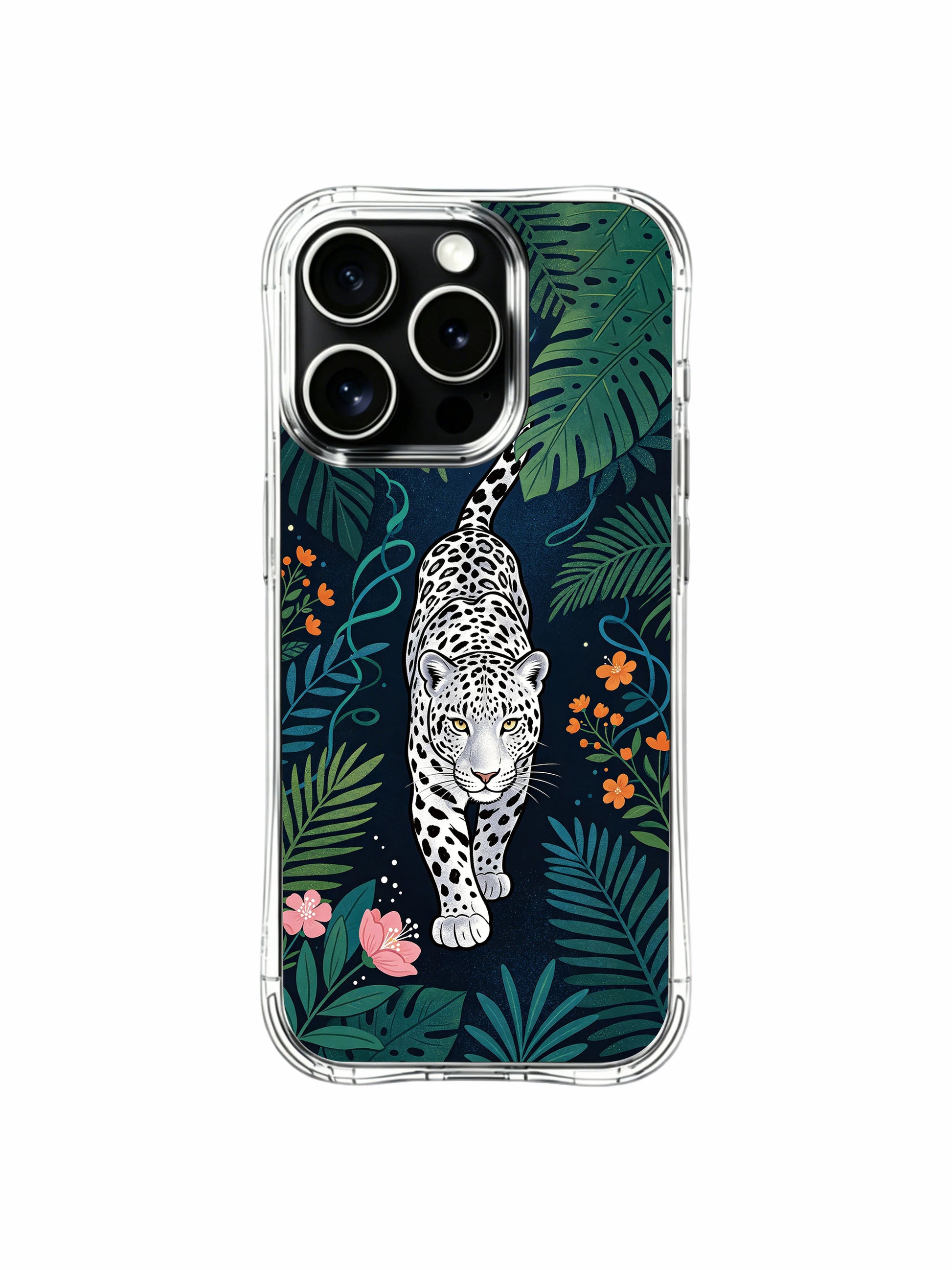 Dense layered dark foliage border moonlight silver leopard iPhone 13 pro Case from PhoneCasing, flexible impact-proof iPhone 13 pro casing, rich multicolor tropical flora printed premium phone cover.
