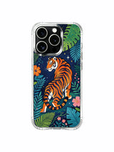 Thick layered tropical foliage border enclosing star-night poised tiger iPhone 13 pro Case from PhoneCasing, lightweight scratchproof iPhone 13 pro casing dotted with tiny star-like blossoms, vibrant multicolor jungle phone cover.