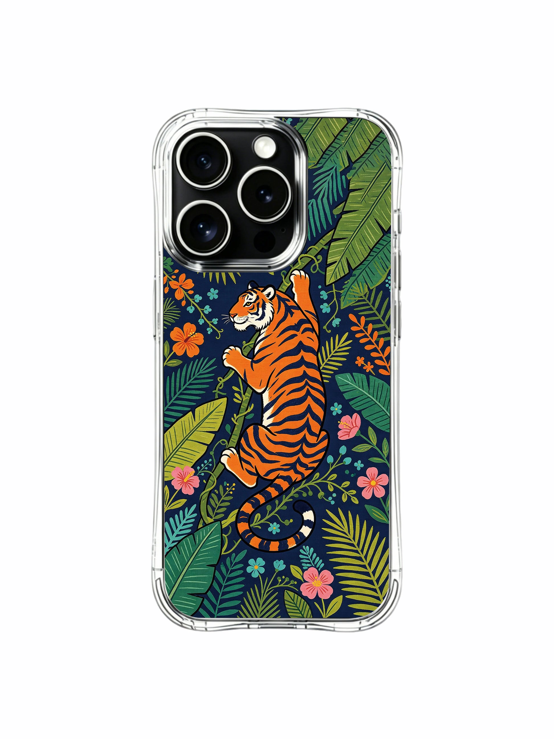 Dense layered foliage border climbing tiger iPhone 13 pro Case from PhoneCasing, flexible anti-drop iPhone 13 pro casing, vibrant multicolor floral jungle printed phone cover.