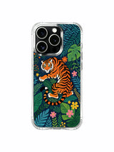 Thick layered tropical leaf canopy forming enclosed midnight garden surrounding calm resting guardian tiger iPhone 13 pro Case from PhoneCasing, lightweight scratchproof iPhone 13 pro casing dotted with tiny accent wildflowers, lush multi-toned vitality jungle phone cover.