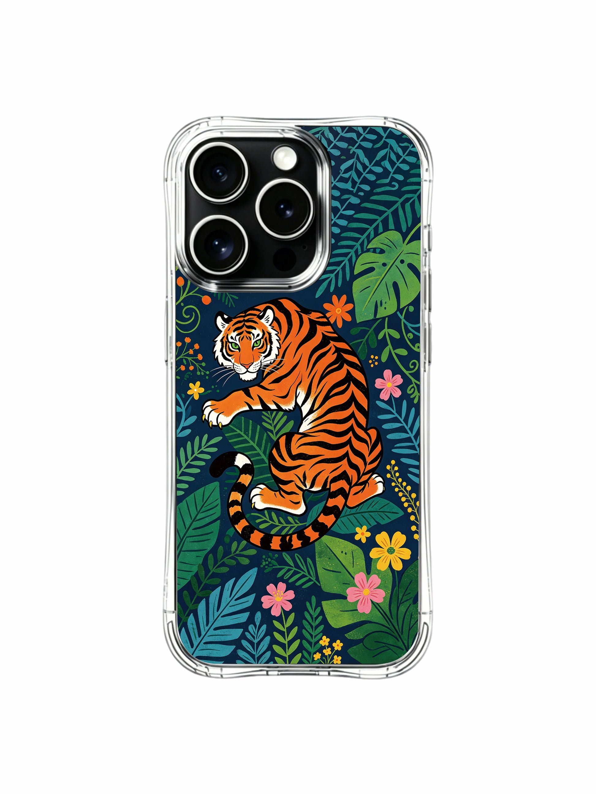 Thick layered tropical leaf canopy forming enclosed midnight garden surrounding calm resting guardian tiger iPhone 13 pro Case from PhoneCasing, lightweight scratchproof iPhone 13 pro casing dotted with tiny accent wildflowers, lush multi-toned vitality jungle phone cover.