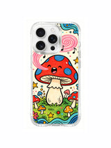 Central singing mushroom surrounded by small fungi artwork on an iPhone 16 Pro Max case