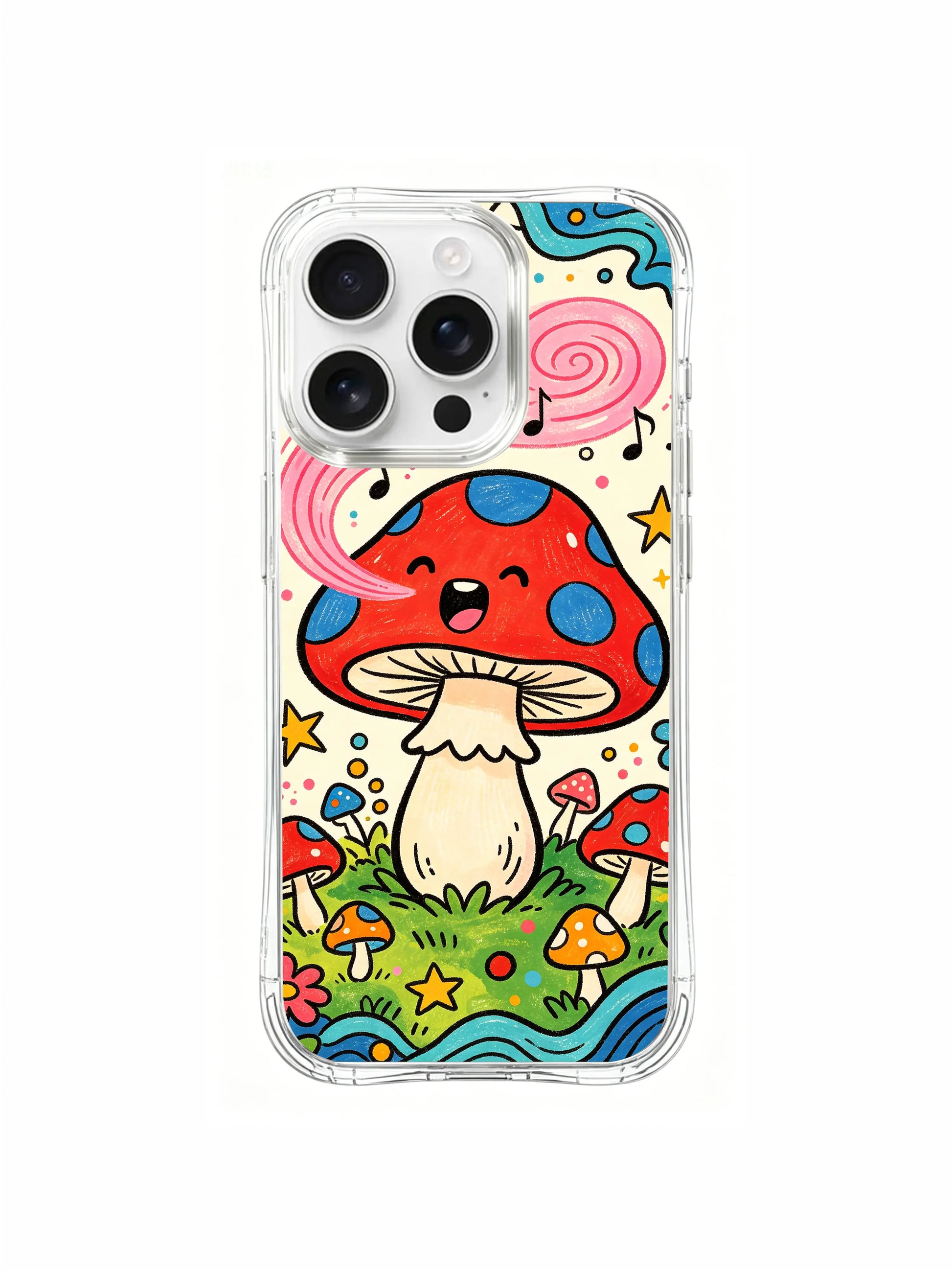 PhoneCasing iPhone 16 pro max Case, collectible fine art casing filled with assorted tiny spotted mushrooms encircling central vocal red agaric, premium USA printed protective art casing for psychedelic folk art fans