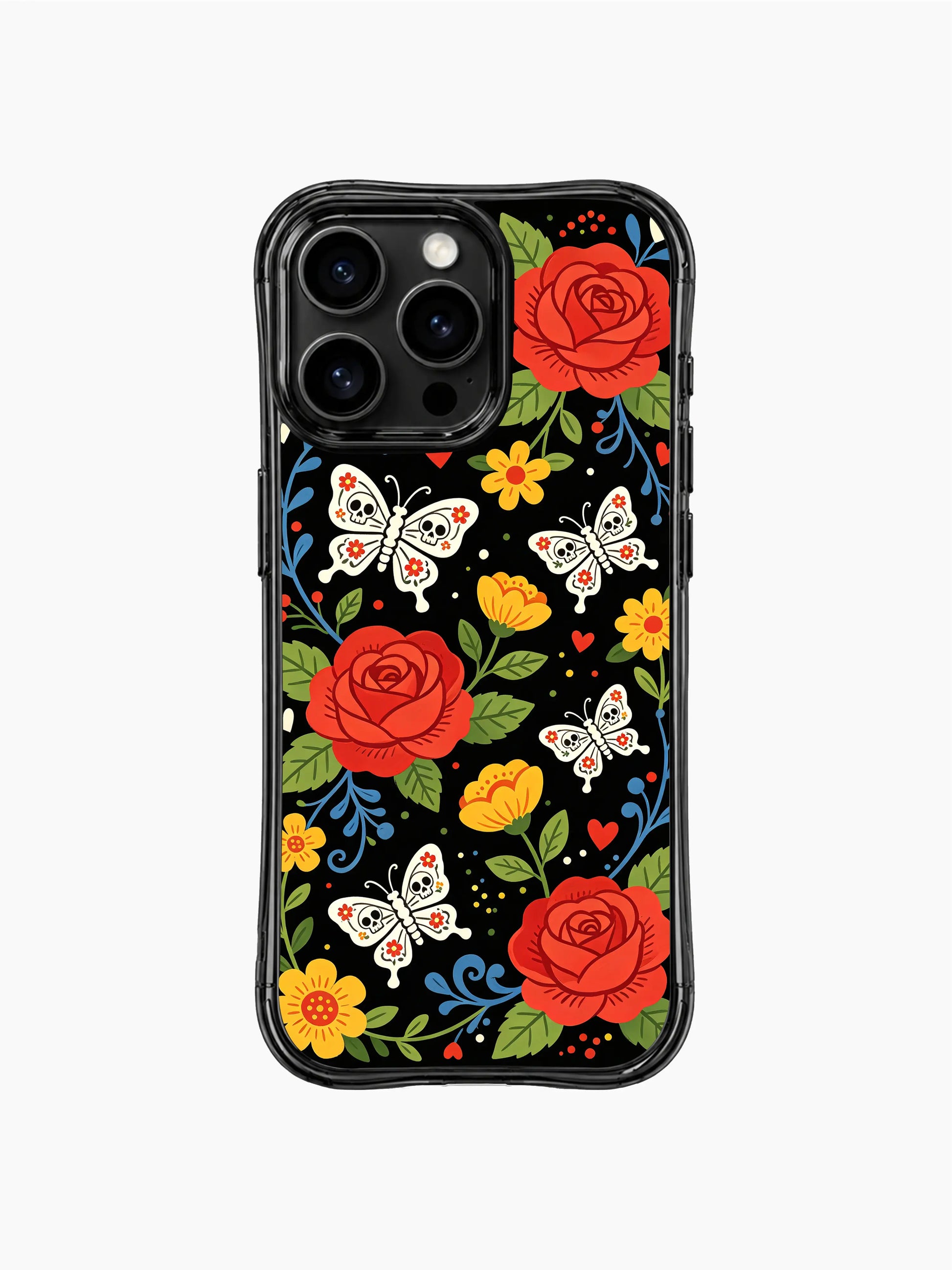 PhoneCasing iPhone 16 pro max Case with a dense floral pattern of red roses, sugar skull butterflies, yellow flowers and blue vines, creating a vibrant folk art garden scene on iPhone 16 pro max casing.