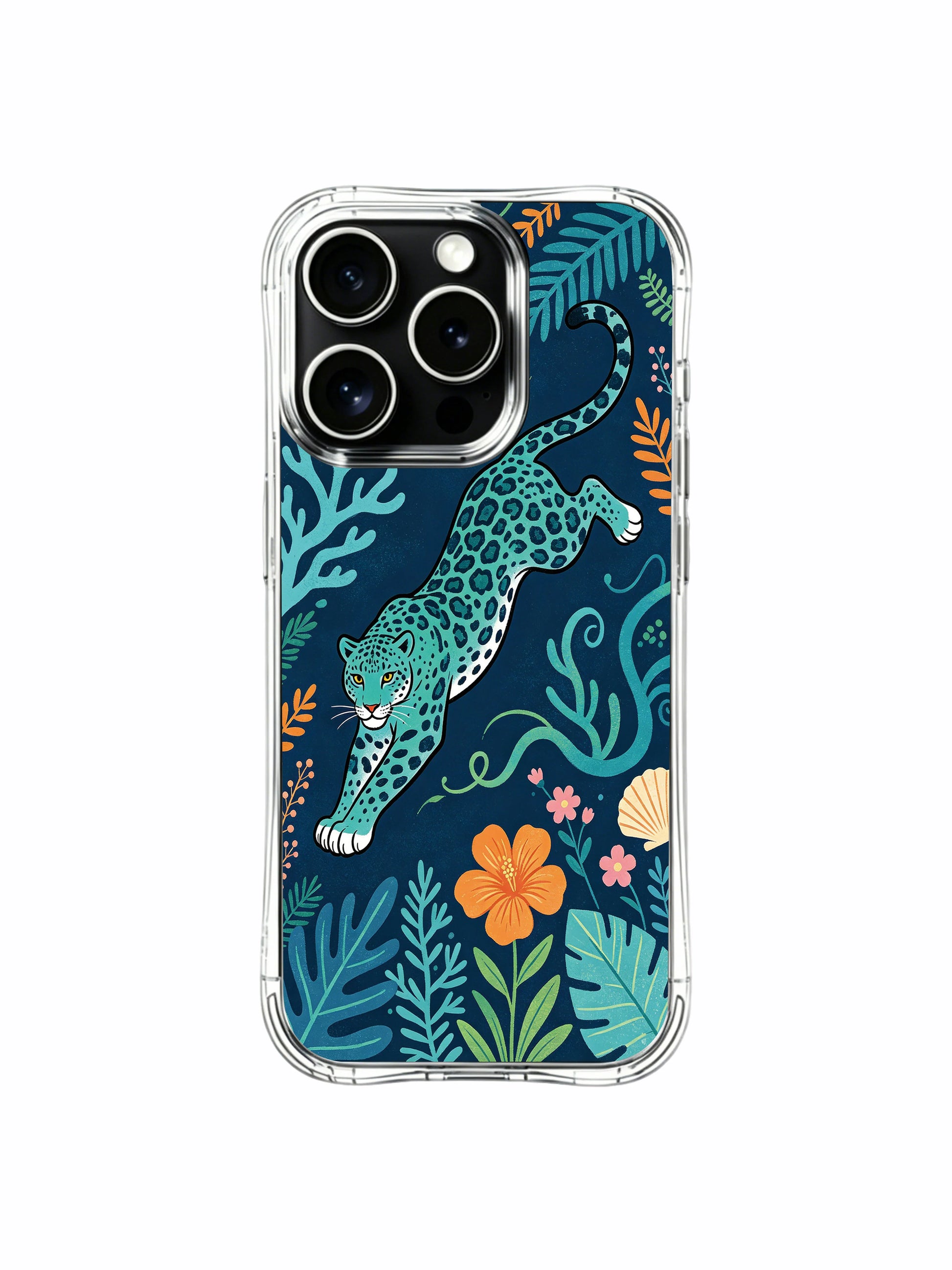 Thick layered seaweed leaf canopies forming full enclosed night ocean paradise around winding free-flow jaguar iPhone 13 pro Case from PhoneCasing, lightweight scratchproof iPhone 13 pro casing dotted with tiny orange coral blossoms, lush multi-toned coastal escape phone cover.