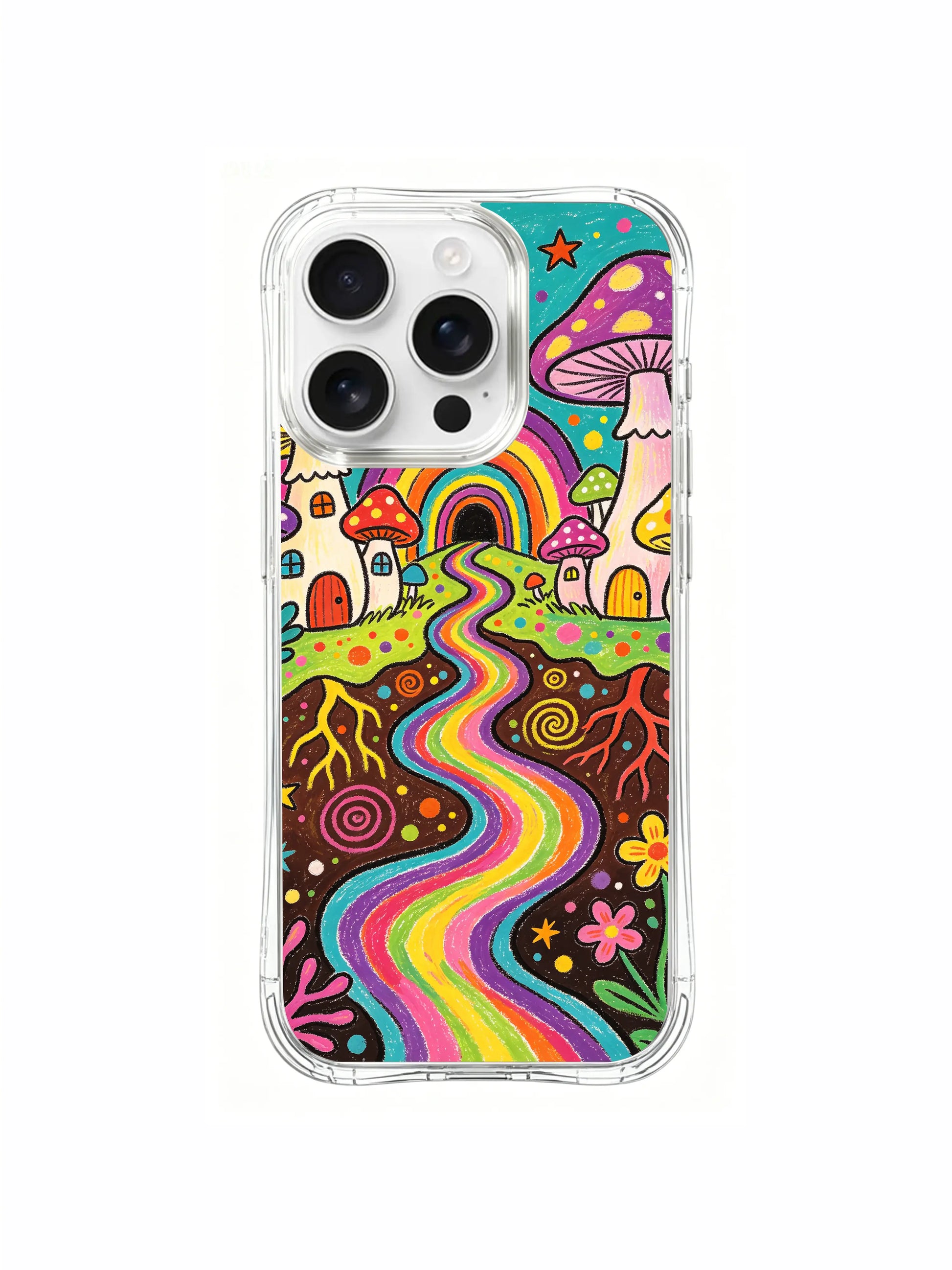 PhoneCasing iPhone 16 pro max Case, collectible fine art casing packed with dense spiral swirl motifs across underground dirt, rainbow mycelium connects all scattered subsurface mushrooms, premium USA printed protective art casing.