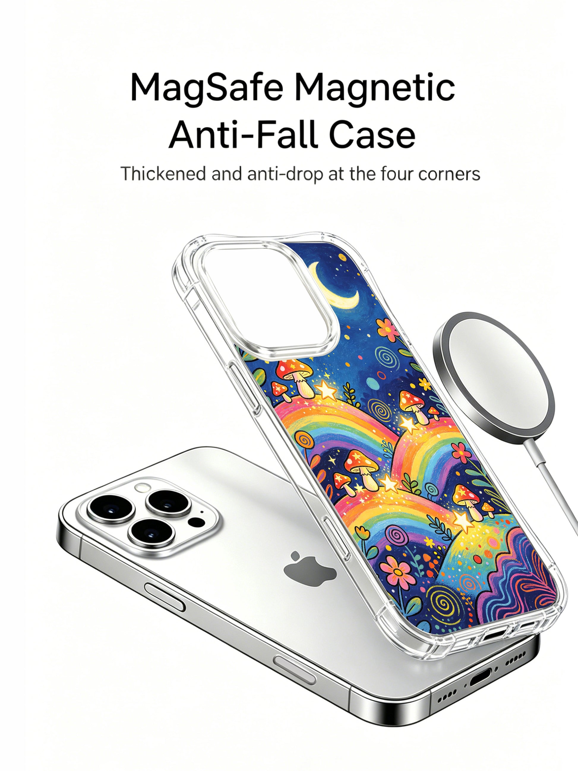PhoneCasing iPhone 16 pro max Case, premium anti-drop transparent casing displaying spotted red mushrooms scattered across stacked rainbow slopes, dense twinkling starry dark navy sky and spiral texture foliage, boho cottagecore styled iPhone 16 pro max casing produced in US domestic factory.