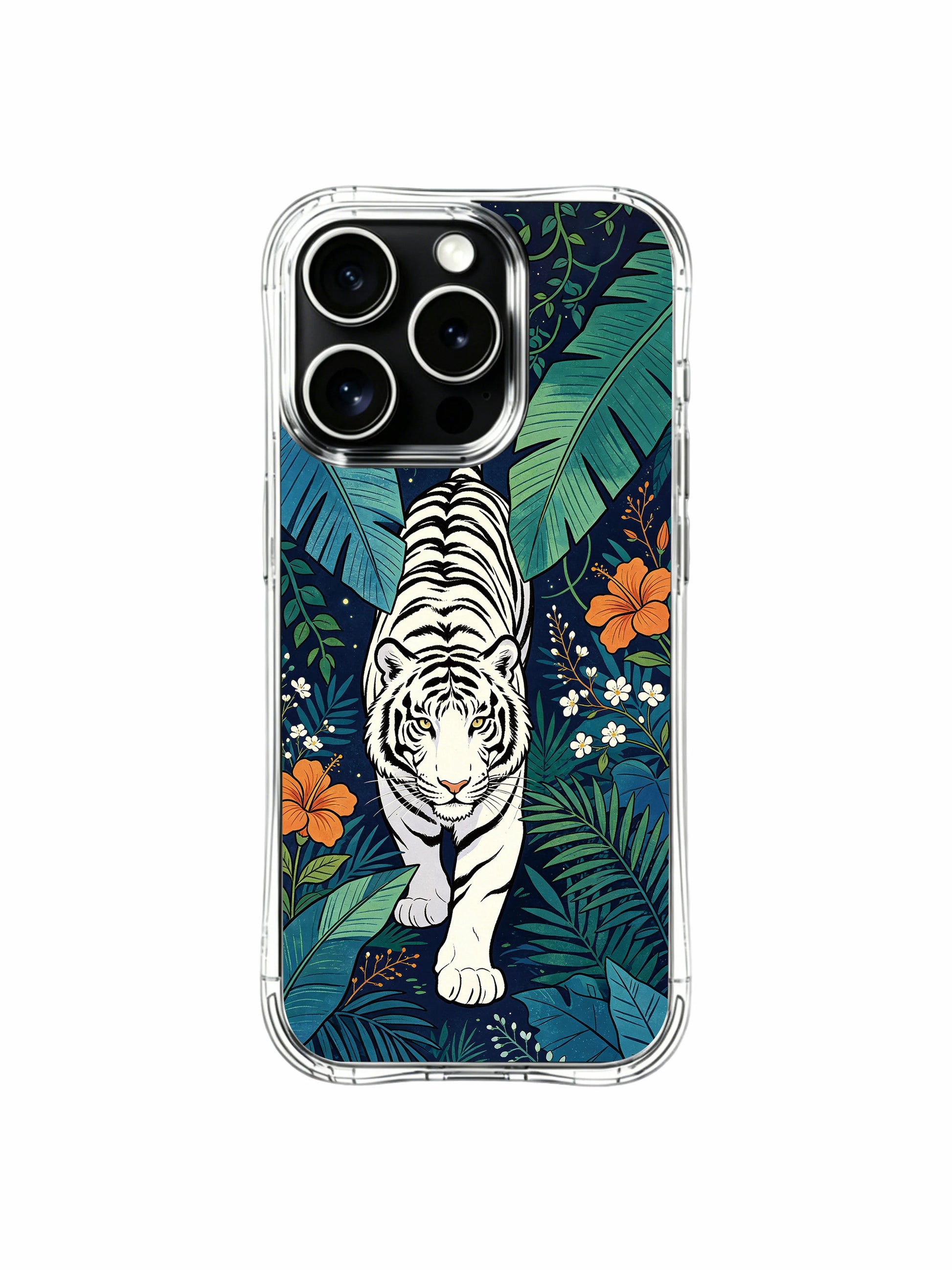 Dense teal jungle canopy surrounding prowling white tiger iPhone 13 Pro Case from PhoneCasing, intricate tropical flora artist phone casing, fade-resistant premium printed phone case