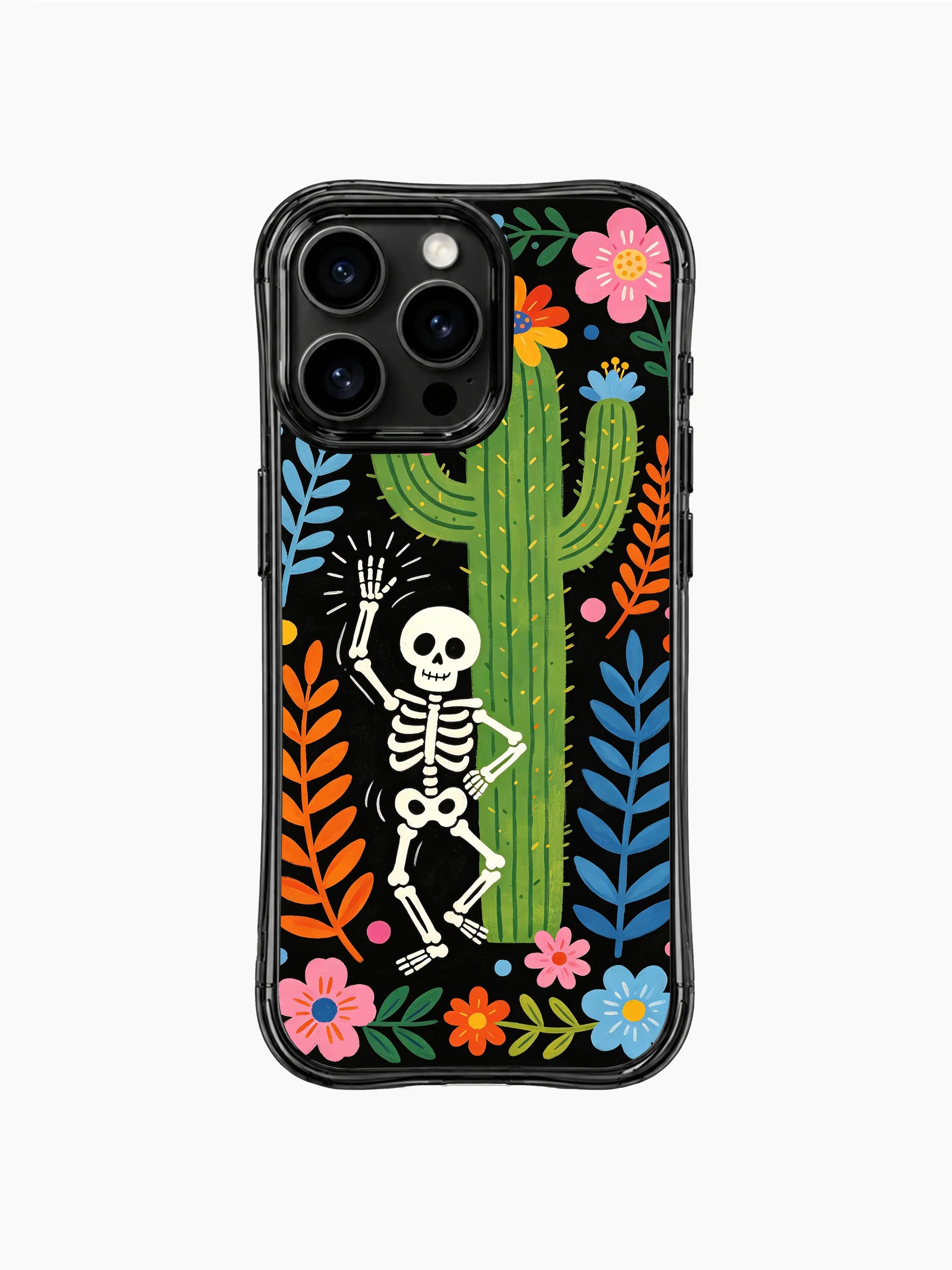PhoneCasing iPhone 16 pro max Case with a lively dancing skeleton in the center of a vibrant desert garden, tall cactus and tropical foliage around, whimsical folk design on black background, stylish iPhone 16 pro max casing.