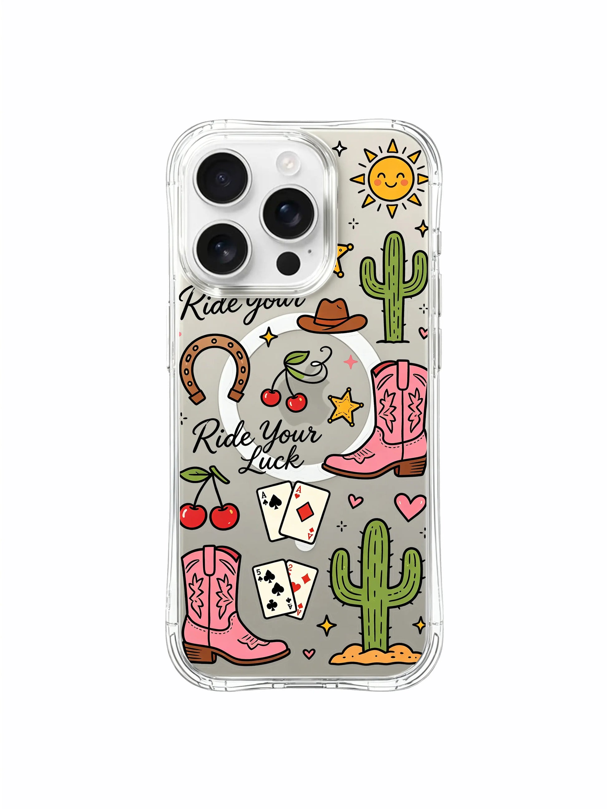 PhoneCasing iPhone 16 pro max clear case with desert sunset and cactus doodles, full of adventurous vibes.