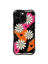 PhoneCasing iPhone 16 pro Case with cream daisies acting as travel destinations along black dotted map routes, Ruby Daze original wanderlust retro pop art, premium print casing crafted in California.