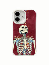 PhoneCasing close-up detail shot petal skeleton watercolor iPhone 16 Case, intricate hand-painted ribcage & scattered petal details, antimicrobial anti-scuff premium iPhone 16 cove