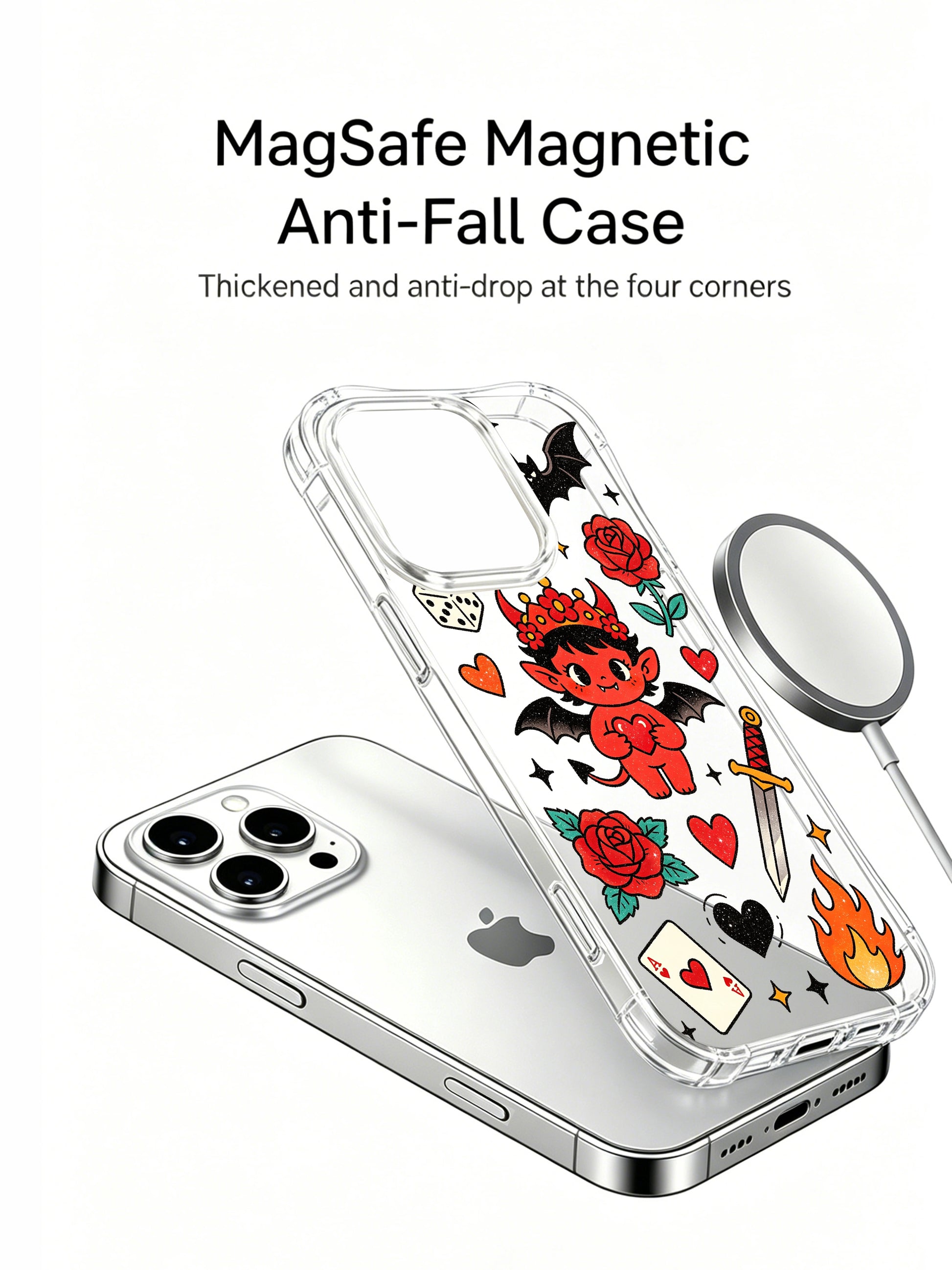 PhoneCasing iPhone 15 pro Case with cute cherub devil alongside heart ace playing card and dice print, limited artist collab luxury phone casing made locally in US factory.