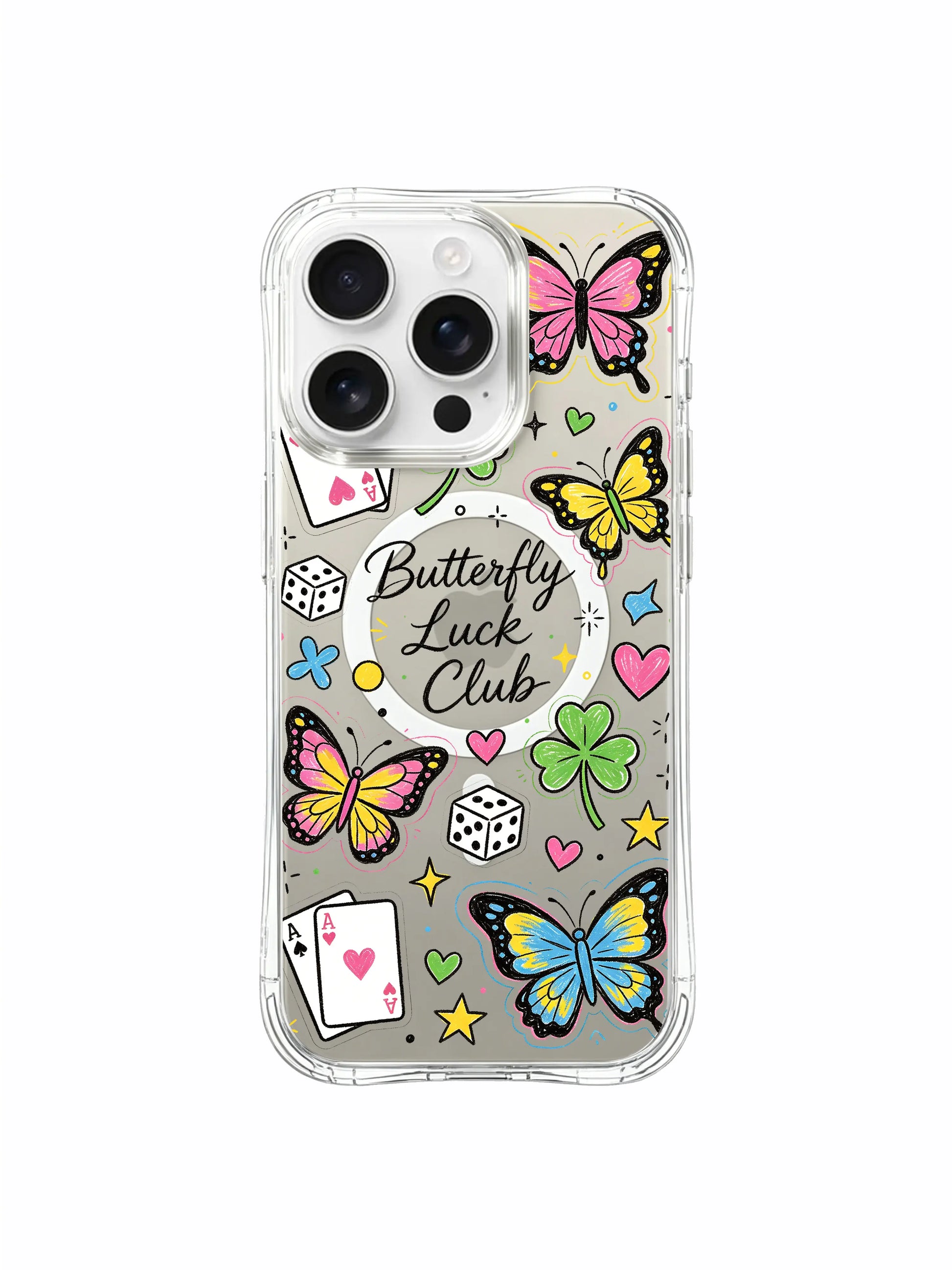 PhoneCasing iPhone 16 pro max anti-scratch clear case with dice, colorful butterflies, stars and clover motifs in a whimsical lucky doodle collage.