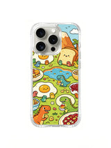 Dinosaur breakfast jam-river artwork on an iPhone 16 Pro case