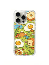 Little dinosaur breakfast party artwork on an iPhone 16 Pro case