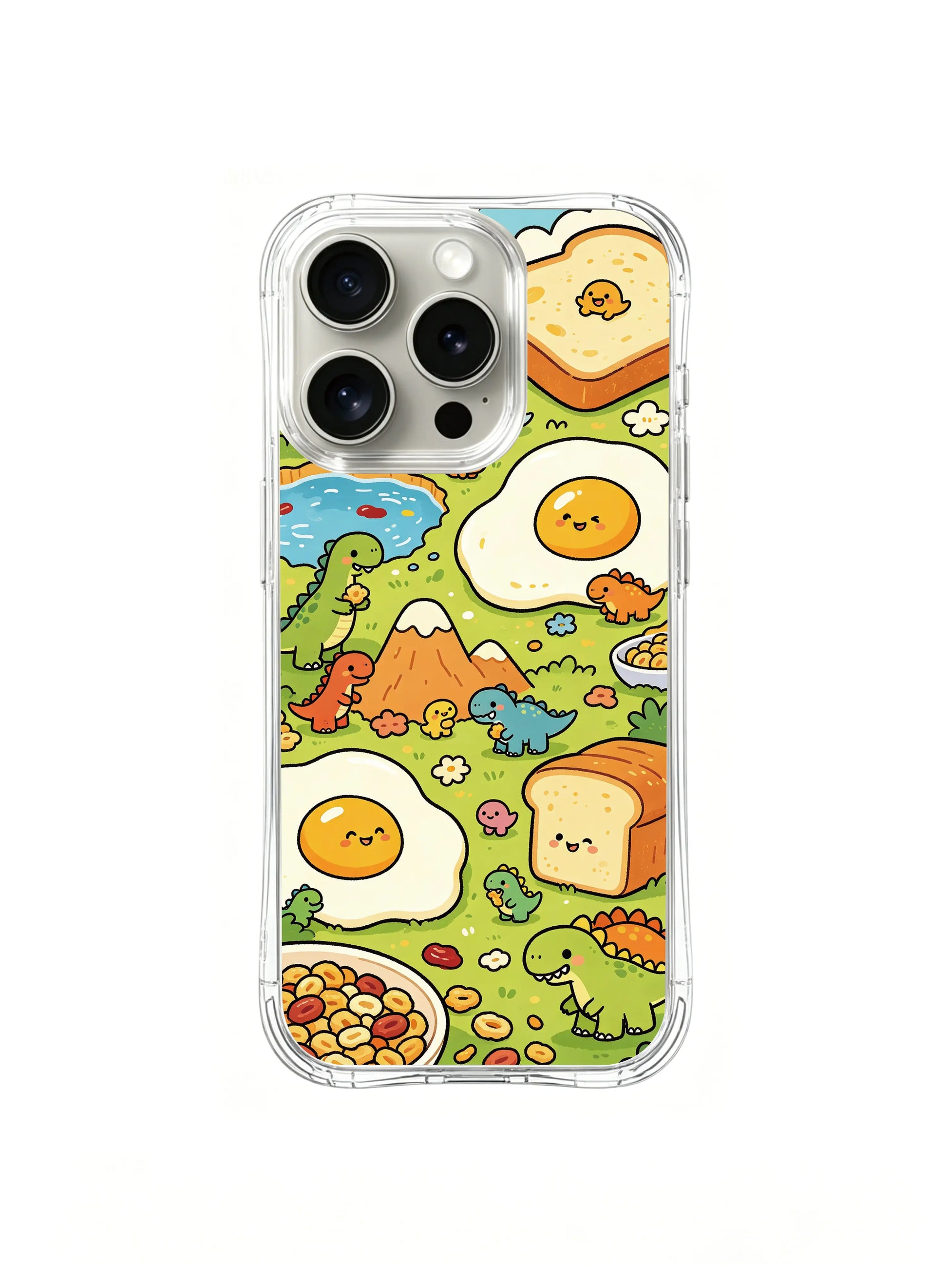 PhoneCasing iPhone 16 Plus Case with little dino breakfast party art, playful Milo Yun design, premium stylish phone casing for women.