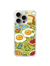 Dinosaur breakfast palm-tree scene on an iPhone 16 Pro case