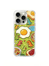 Dinosaur toast-and-lake artwork on an iPhone 16 Pro case