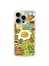 Dinosaur brunch mountain-view artwork on an iPhone 16 Pro case