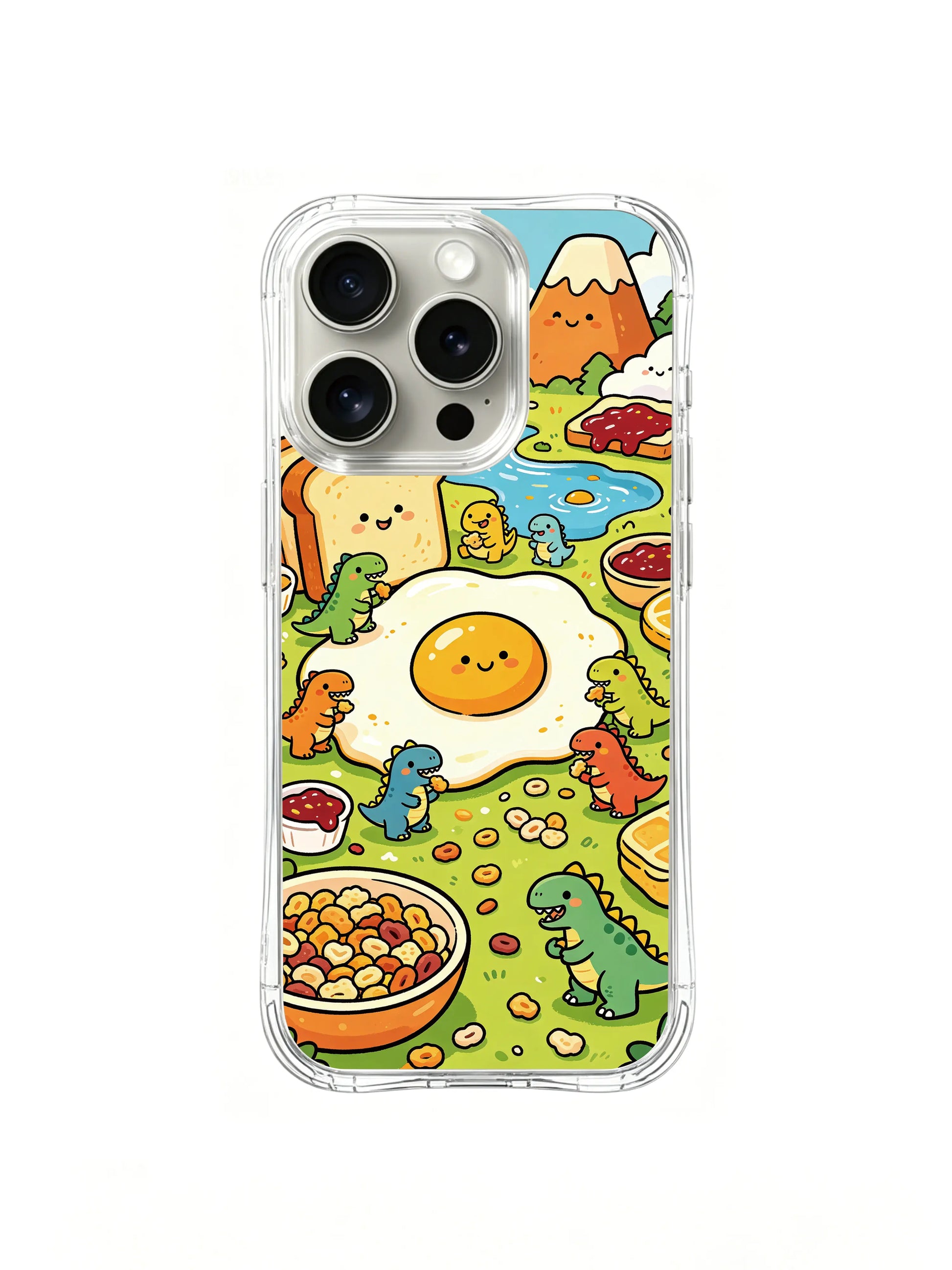 PhoneCasing iPhone 16 Plus Case with dino brunch mountain view illustration, Milo Yun’s Dino Breakfast Party series, gallery-quality print.