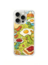 Dinosaur brunch volcano scene on an iPhone 16 Pro case