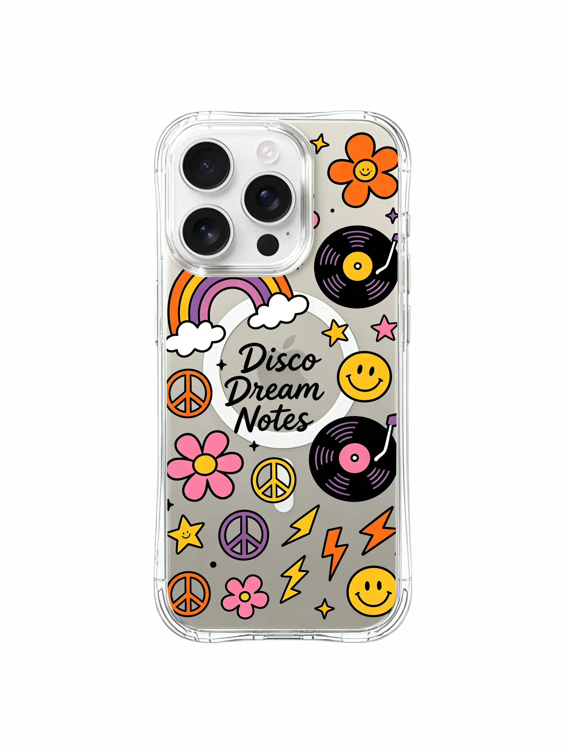 PhoneCasing iPhone 16 pro max scratch-proof case highlighting the antimicrobial gloss finish with the "Disco Dream Notes" print.