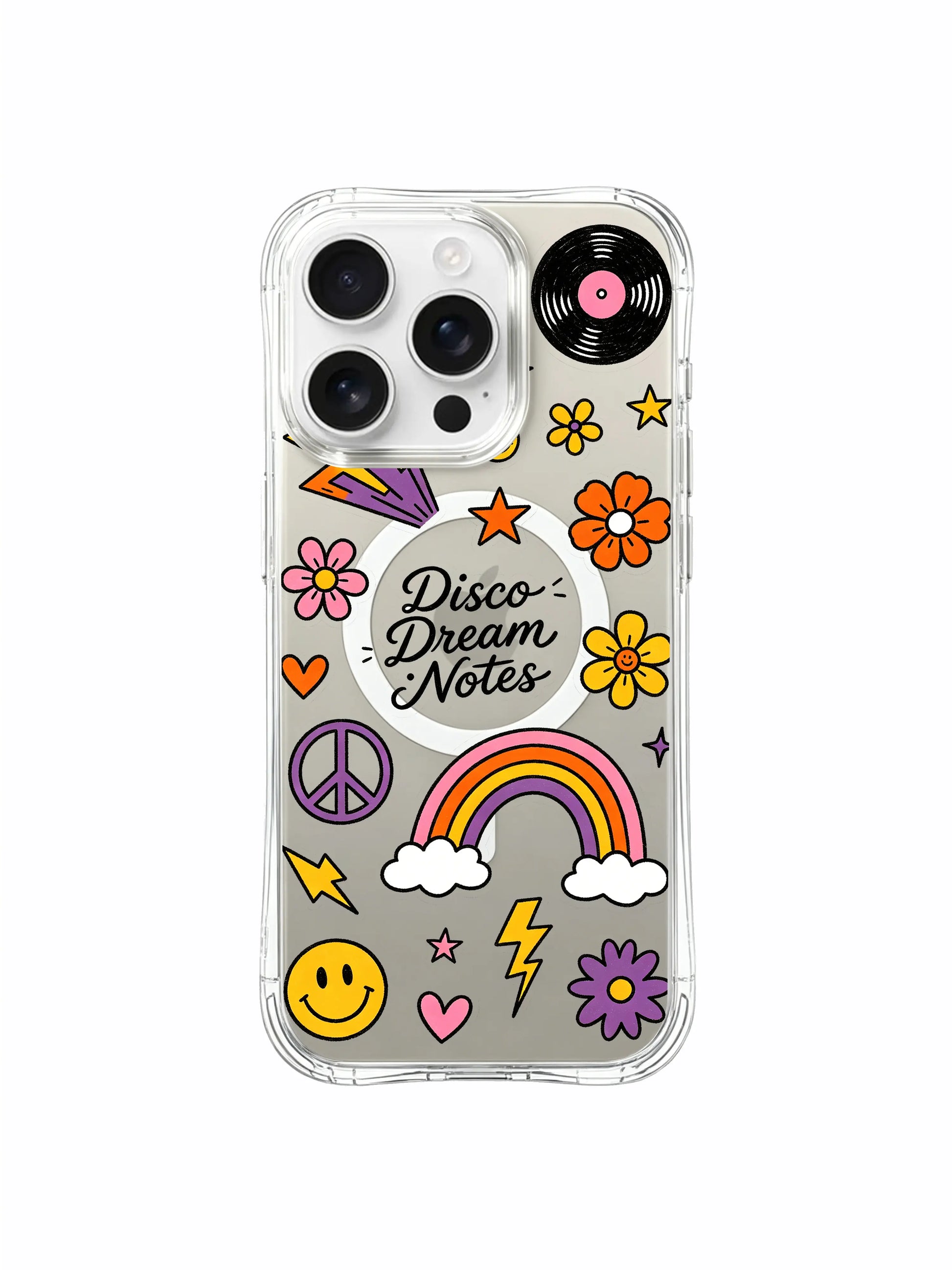 PhoneCasing iPhone 16 pro max daily drop-protective case in use, showing the "Disco Dream Notes" design from different angles.